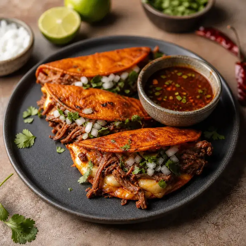 Birria-Tacos mit Consommé zum Eintunken
