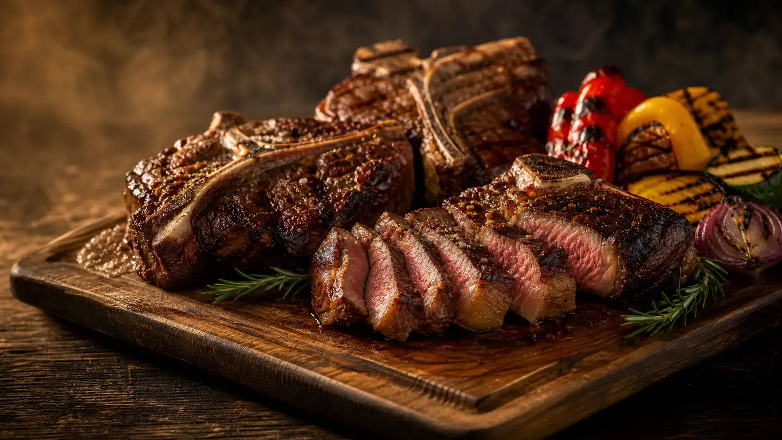 Gegrillte Dry-Aged-Steaks, aufgeschnitten auf einem Holzbrett