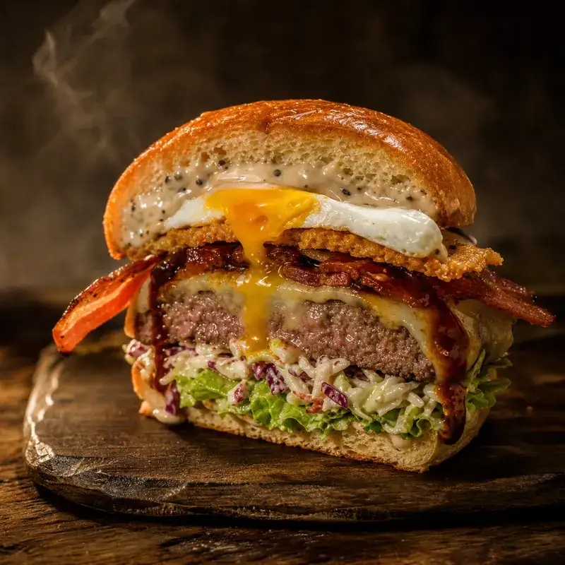 Doppelter Burger mit Spiegelei, Bacon und Coleslaw auf einem Holzbrett
